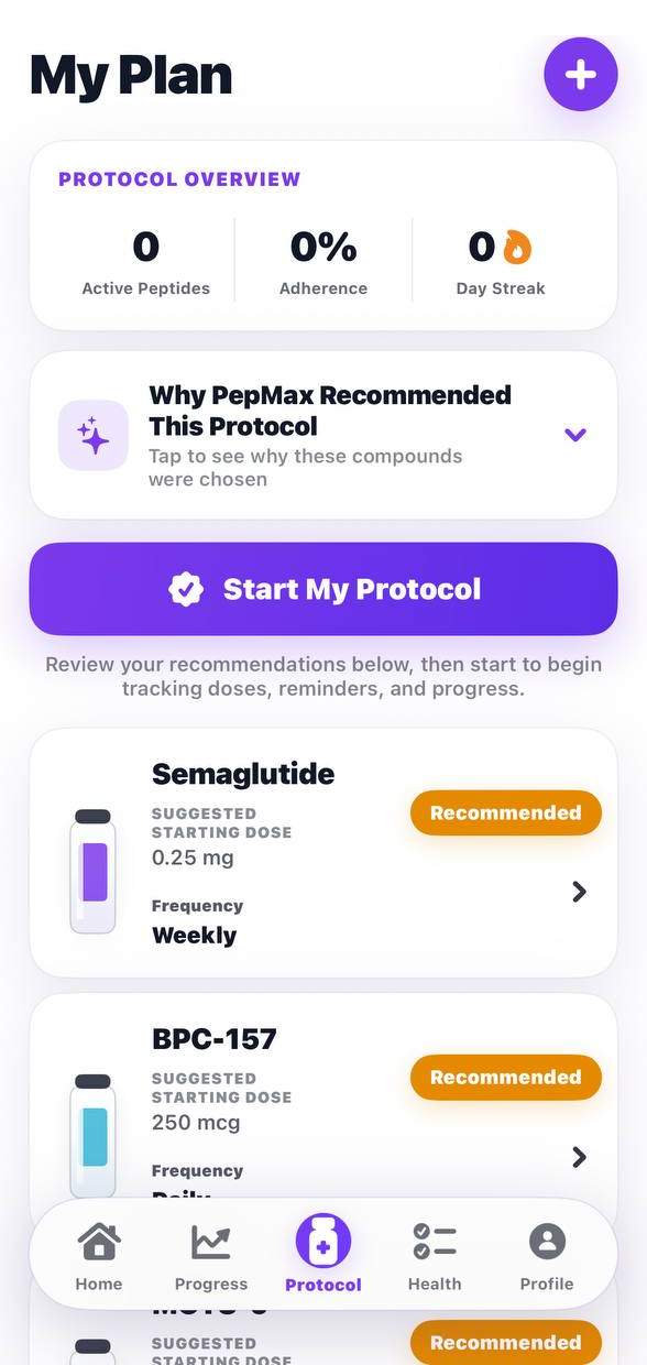 PepMax AI personalized peptide protocol screen